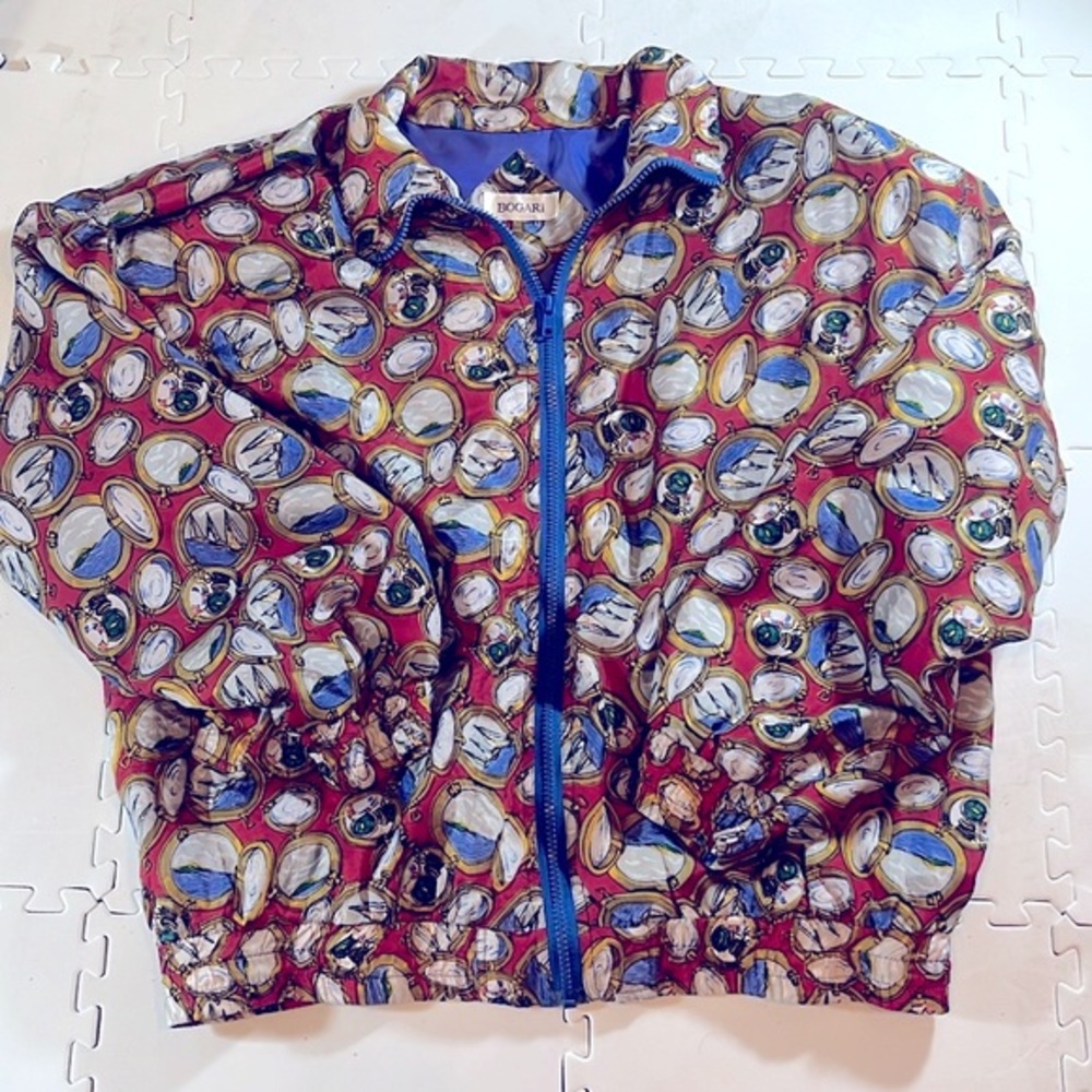 Vintage 1980's Bogari 100% Silk Red‎ Nautical Zip Up Bomber Jacket large women’s